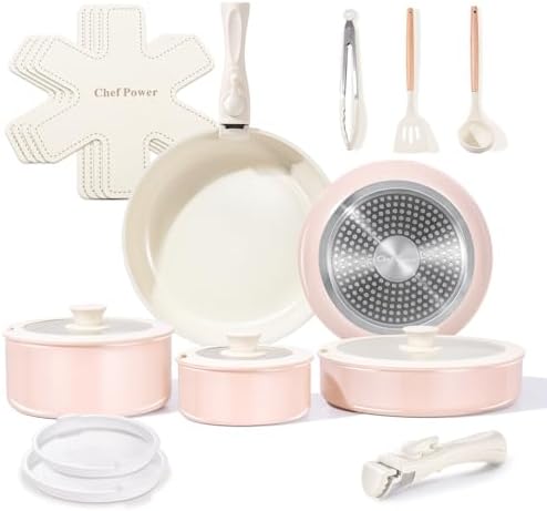 Chef Power Ceramic Nonstick Pots and Pans Set 19 Piece with Detachable Handle, Induction Dishwasher Oven Safe Cookware Set, RV Kitchen Set Removable Handle (Light Pink) by ChefPower