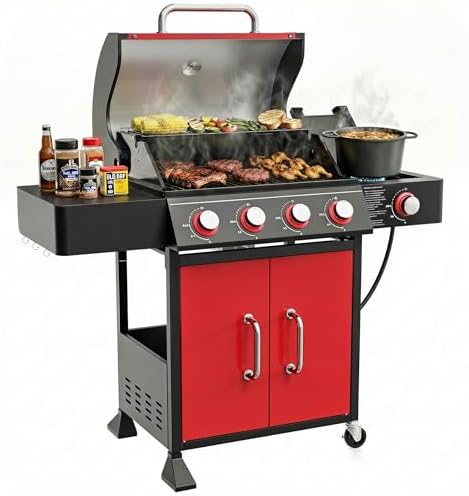 HUGROVE 4 Burner Propane Gas Grill Outdoor 56,000 BTU with Side Burner Red by HUGROVE