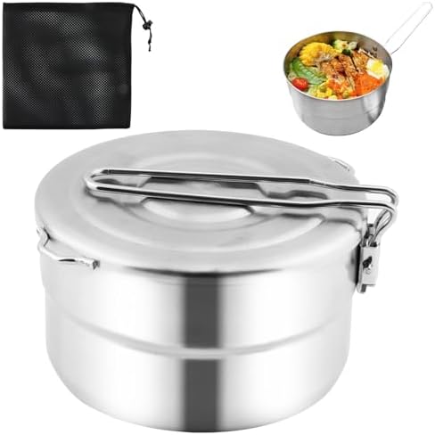 Stainless Steel Camping Cook Pot, 1.5L Camping Cookware with Lid and Folding Handle, Large Capacity Bento Pot for Outdoor Backpacking Campings Hiking Picnic by Unknown