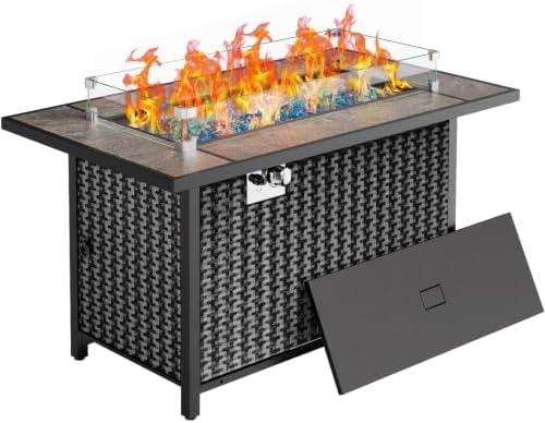 Ciays 43" Propane Fire Table, with Ceramic Top, Wind Guard, Lid, Glass Rock by Ciays