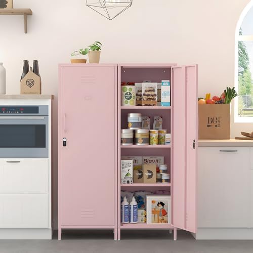 Metal Pantry Storage Cabinet Locking Storage Cabinet Office Storage Cabinet for School Gym Kitchen (Pink) - Image 6