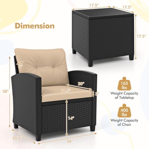 RELAX4LIFE 3-Piece Patio Furniture - Wicker Rattan Bistro Sofa Set w/Glass Top Coffee Table, Washable Cushions for Porch Balcony Backyard Poolside, Outdoor Conversation Set (Beige) - Image 3