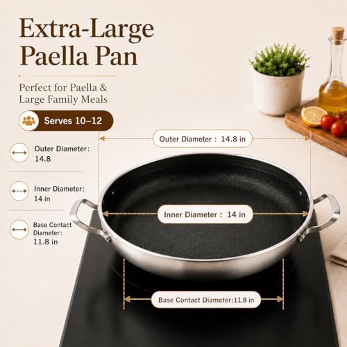 DELARLO Paella Pan 14 Inch Tri-Ply Stainless Steel Paella Pan with Lid Nonstick Frying Pan, Hybrid Induction Large Skillets,Great for Paella Parties Indoors Outdoors,Heavy Duty Style - Image 5