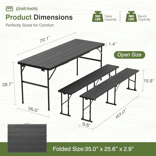 Picnic Table Set with 2 Benches,6 Feet Folding Camping Table Chair Set with Wood Grain Tabletop,3-Piece Outdoor Indoor Portable Folding Furniture for Party, Camping, Picnic, Weddings (Black) - Image 3