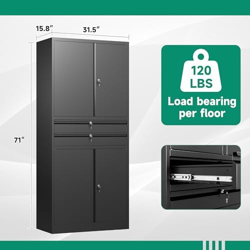 Letaya Metal Garage Storage Cabinet,71" Heavy Duty Steel Tool Cabinet with 4 Door Lock-Adjustable Shelves and 2 Drawer for Garage Home Office Utility Room (Black) - Image 3
