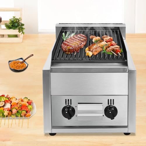 21" Commercial Countertop Gas Grill, Heavy Duty 2 Burners Countertop Char Broiler Grill, Adjustable Temperature Professional Charbroile Restaurant Equipment BBQ Stove Indoor Gas Griddle, 60TU/hr - Image 2