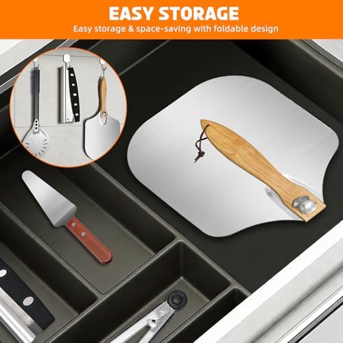 Pizza Peel and Pan Set, 6 Piece Pizza Oven Accessories, 12 Inch Metal Pizza Paddle with Foldable Wooden Handle, 8 Inch Metal Peel, Rocker Cutter, Server, Stainless Steel Plates and Tongs - Image 6