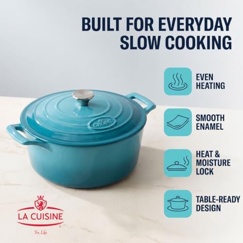 La Cuisine Enameled Cast Iron Dutch Oven Casserole Pot with Lid, Internal Matte Black Enamel Coating for bread baking 5 QT 10.5" / 26cm Ø, For GalssTop Stove, Oven-Safe, Teal - Image 4
