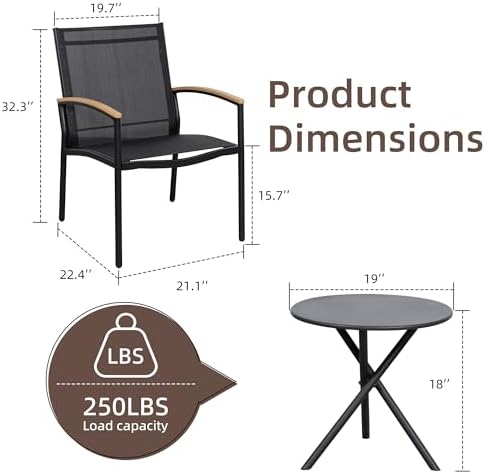 Shintenchi 3 Pieces Patio Bistro Sets, Outdoor Textilene Fabric Conversation Bistro Set, Textilene Fabric Front Porch Chairs Small Patio Furniture Set with Table for Lawn,Garden,Balcony (Black) - Image 6