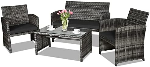 Goplus 4-Piece Rattan Patio Furniture Set, Outdoor Wicker Conversation Sofa with Weather Resistant Cushions and Tempered Glass Tabletop for Lawn Backyard Pool Garden (Black) by Goplus