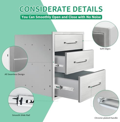 Outdoor Kitchen Drawers 18" W x 23" H x 21" D Stainless Steel Triple Drawers with Ergonomic Handle for BBQ Island, Patio Grill Station & Outdoor Kitchen Cabinets - Image 4