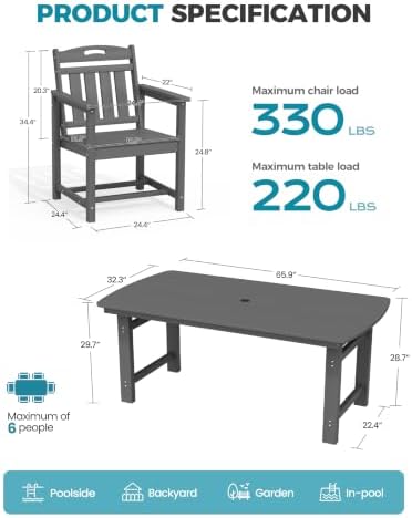 Ciokea HDPE Outdoor Dining Set of 6, Patio Table and Chairs Sets, Grey - Image 2
