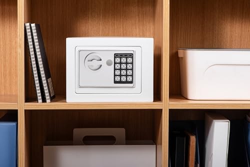 Small Safe Box With Digital Keypad & Keys - 9.05 x 6.7 x 6.7 Inches Wall Safe 0.23 Cuft Mini Security Lock for Coin Home Office Hotel Rooms Business Jewelry Gun (White) - Image 4