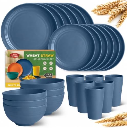 Teivio 24 Piece Plates and Bowls Sets for 6, Autumn Blue Dinnerware Sets by Teivio