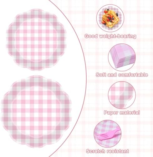 96 Pieces Pink Gingham Party Tableware Set – Scalloped Edge Checkered Paper Plates, Napkins and Pink Forks Disposable Dinnerware for Baby Shower, Picnic, Birthday, Tea Party and Summer Party Supplies - Image 3