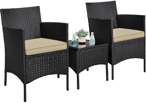 Yaheetech 3 Pieces Patio Conversation Set, Outdoor Rattan Bistro Furniture, 2 Chairs with Cushions & 1 Side Table for Bistro/Porch/Garden/Deck/Courtyard, Black/Khaki by Yaheetech