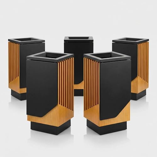 5/Pack 13 Gallon Square Outdoor Trash Can - Decorative Steel and Wood Composite Commercial Waste Receptacle with Hinged Lid and Galvanized Steel Liner for Hotels, Retail Stores, and Entryways by Zedfire