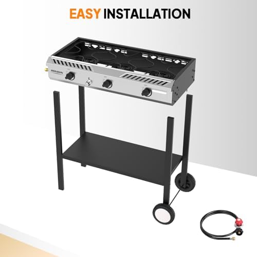 ROVSUN 3 Burner Propane Stove with Auto Ignition, 225,000 BTU Gas Stove with Storage Shelf, Rolling Wheels & Regulator for Home Outdoor Backyard Camping Cooking Frying Brewing Canning - Image 4