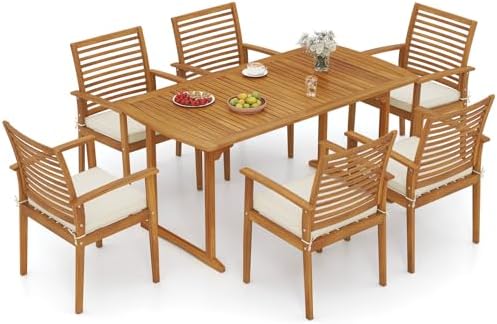 Tangkula 7 Piece Patio Acacia Wood Dining Set for 6, Patio Rectangle Table with Umbrella Hole & 6 Cushioned Armchairs, for Backyard Garden Poolside Deck, Natural by TANGKULA