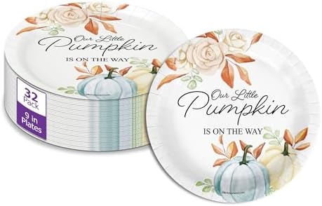 Birthday Galore Little Pumpkin On The Way Boy Baby Shower - 32 Piece Disposable Party Supplies - Fall Baby Shower Decorations - Round Party Plates - Large 9" Paper Plates In Bulk by BirthdayGalore
