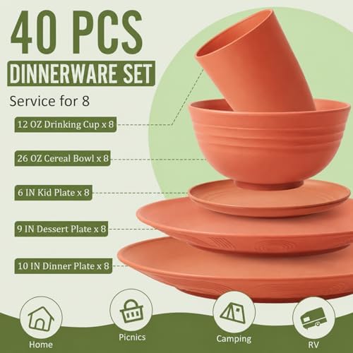 Wheat Straw Dinnerware Sets for 8, 40 Piece Unbreakable Dinnerware Set, Plates and Bowls Sets, Kitchen Plates and Bowls Set, Lightweight Dish Set for Home, Camping, and Everyday Use- Orange - Image 2