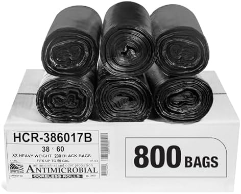 Aluf Plastics High Density Trash Bags, 60 Gallon, 800 Count, 17 Micron (eq), 38" x 60", Black, for Bathroom, Office, Industrial, Commercial, Janitorial, Municipal, Recycling by AlufPlastics
