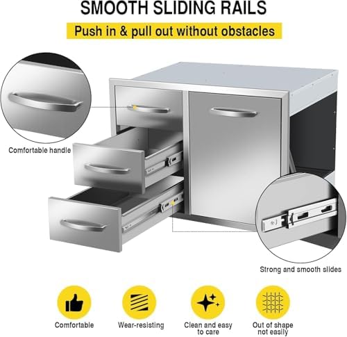 Outdoor Kitchen Drawer Combo Cabinet Outdoor Kitchen Stainless Steel Trash Triple Drawers For BBQ Island Grill Station (Drawer Combo-28Wx20.1Hx19.7D with Handles) - Image 6