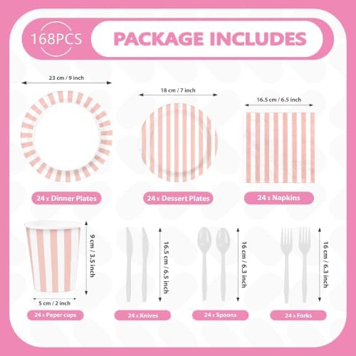 168 Pcs Pink White Striped Party Decorations for Girls Birthday, Serves 24 - Image 4
