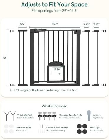 Babelio Dog Gate with Adjustable Cat Door, CatPrivilege III, 29-43", Black - Image 4