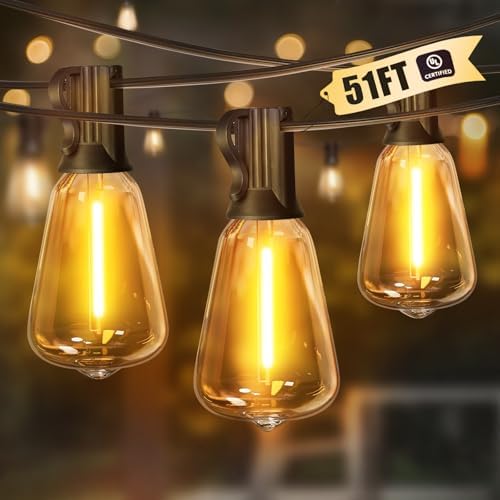 LAMPHOME 51FT Outdoor String Lights Waterproof, 2700K Bright LED Patio Lights with 25+2Spare ST38 Shatterproof Vintage Bulbs, Retro Connectable Edison for Outside, Garden, Balcony, Porch by ULL