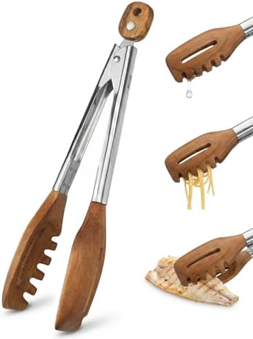 3-in-1 Kitchen Tongs & Pasta Server – 12 Inch Walnut Multifunction Tongs with Slotted Forked & Flat Tips for Pasta, Salad, Cooking and More – Elegant, Heat-Resistant Food Tongs for Home Cooks & Chefs by Boxikikitchen