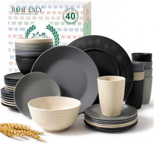 Homienly 40 PCS Wheat Straw Dinnerware Sets Dishes Set for 8 Unbreakable Plates and Bowls Sets for Kitchen Dishwasher and Microwave Safe Plate Set Camping, Apartment, Kids-Grey Stone by HOMIENLY