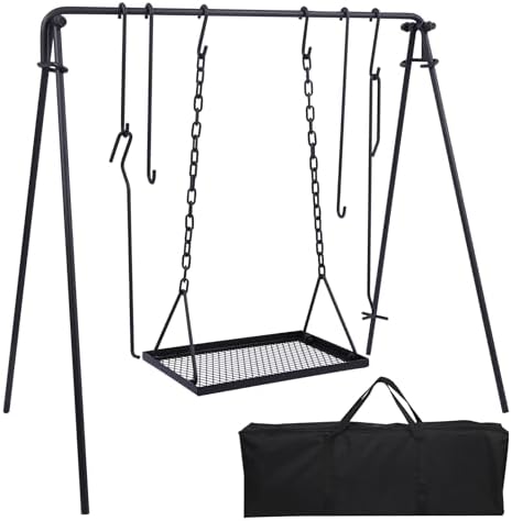 REDCAMP Swing Campfire Grill Stand - Collapsible Campfire Cooking Rack with 6 Hooks & Iron Grill Grate, Portable Dutch Oven Hanger for Outdoor Camping, Cookware, Bonfire, Rectangle by REDCAMP