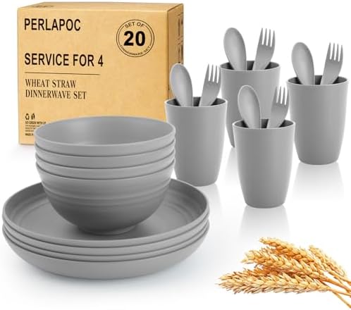 Wheat Straw Dinnerware Sets, 20 PCS Service for 4, Dishwasher & Microwave Safe Kids Plates and Bowls Sets, Unbreakable Lightweight Outdoor Camping Dishes - Gray by Perlapoc