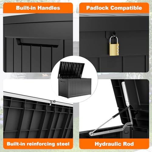 PatioZen 281 Gallon Large Resin Deck Box, Lockable Outdoor Storage Box for Patio Cushions Storage Furniture,Garden Tools, Pool Supplies, Weatherproof and UV Resistant (Black) - Image 6