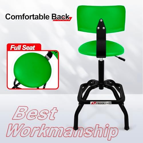 Shop Stool with Backrest, Mechanic Garage Stool for Workshop, Adjustable Shop Stools Chair, Padded Workbench Stools for Men Women, 300 LBS Capacity, 360° Swivel PVC Seat, Heavy Duty, Green - Image 6