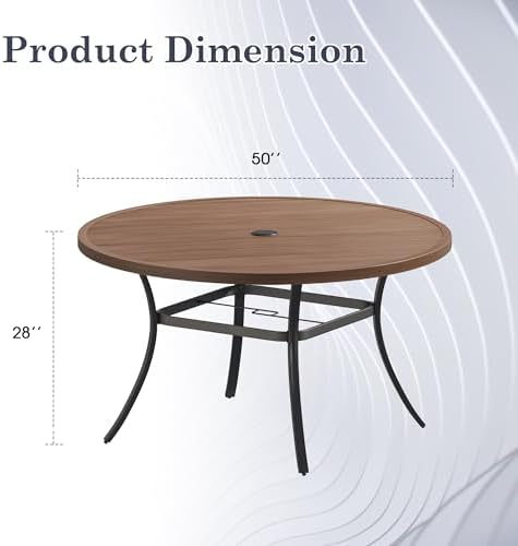 Outdoor Dining Table for 6, 50" Round Outdoor Table with Adjustable Umbrella Hole, All-Weather Metal Patio Dining Table for Lawn Garden Backyard Deck, Walnut - Image 2