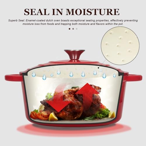 Overmont Enameled Cast Iron Dutch Oven - 7QT Pot with Lid Cookbook & Cotton Potholders - Heavy-Duty Cookware for Braising, Stews, Roasting, Sourdough Baking red - Image 2