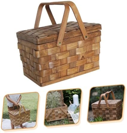 Wood Chip Woven Picnic Basket with Handle, Coffee Color Empty Basket for Fruit and Vegetable Storage, Outdoor Sundries Organizer for Home and Garden Use - Image 7