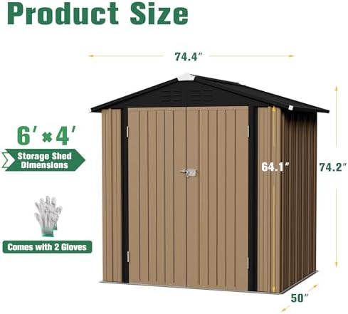 Flamaker 6x4 FT Storage Shed Waterproof Metal Garden Shed with Lockable Door Utility Tool Shed Outdoor Storage for Backyard, Patio and Lawn, Brown - Image 5