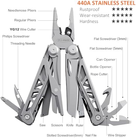 PERWIN Multitool, 17-in-1 Stainless Steel Multi Tool Pliers with Self-Locking, Pocket Knife, Nylon Sheath, Professional (EDC) Multi-Tool for Survival, Camping and Hunting, Hiking, Gifts for Men - Image 2