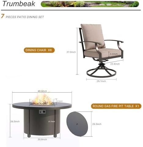 7 Piece Metal Outdoor Patio Furniture Set with 48"/55000 BTU Round Fire Pit Table,Outdoor Dining Table Set 6 Swivel Chairs No-Slip Cushions and Waterproof Covers,Sand - Image 2