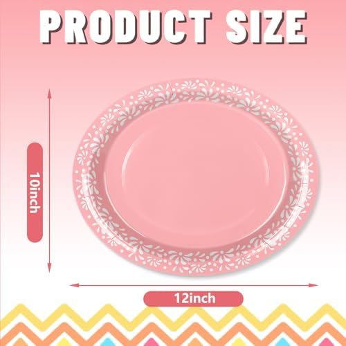 Whaline 50 Pcs Cielito Lindo Paper Plates 12 x 10 Inch Pink Mexico Fiesta Party Oval Disposable Dinner Plates for Mexican Themed Baby Shower Wedding Party Decor Supplies - Image 2