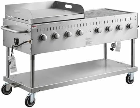 Commercial Stainless Steel Outdoor Liquid Propane Grill with Griddle Attachment, 60" Cooking Surface, 8 Burners, 128,000 BTU, for Restaurant Patio, Resort, Catering, Outdoor Kitchen, Hotel by Krollen+Industrial