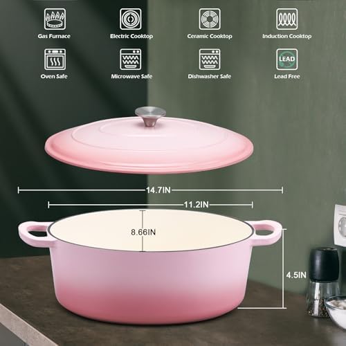 Leonyo 7-Quart Enameled Cast Iron Oval Dutch Oven Pot with Lid, Pink - Image 2
