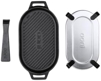 ooni Cast Iron Grizzler Pan - Grill Frying Pan, 12" x 6" Griddle Plate with Removable Handle and Stainless Steel Trivet, Pre-Seasoned Non-Stick Oven Safe Cookware, Pizza Oven and BBQ Accessories by Unknown