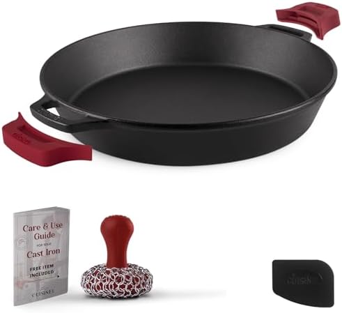 Cuisinel Cast Iron Skillet + Chainmail Scrubber - 15"-Inch Pre-Seasoned Dual Handle Braiser Frying Pan + Silicone Handle Covers - Oven, Grill, Stovetop, Fire, Kitchen Cookware - Indoor/Outdoor Use by Cuisinel