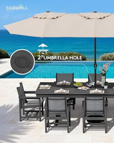 SERWALL 9Pcs HDPE Outdoor Dining Set for 8 with Sling Chairs,Black/Gray - Image 5