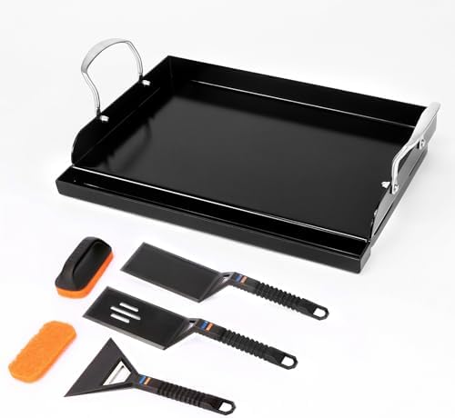 17 x 13 in Pre-seasoned Cast Iron Griddle for Gas Grill, Nano Ceramic Nonstick Flat Top Grill Plate with 5-Piece Tool Kit, Grease Groove, High Sidewalls, Handles, for Charcoal, Stove Top, Camping by Uniflasy