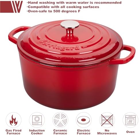VORRINGARD Enameled Cast Iron Dutch Oven Pot with Lid, for Sourdough Bread Baking, Round Dutch Ovens, 4.5 Quart, Red - Image 3